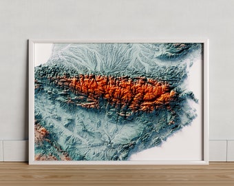 Pyrenees. Colored artistic relief map on blue and orange.