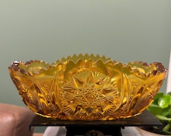 Plato de vidrio prensado ámbar Hobstar de L.E. Smith