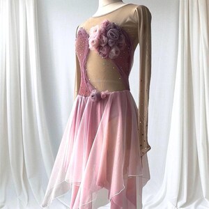 May include: A long-sleeved dance dress featuring a nude mesh bodice with mauve fabric panels, scattered rhinestones, and a large cluster of fabric roses on the chest. The skirt consists of layered, asymmetrical mauve tulle with white trim.
