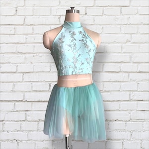 Beaded Turquoise Mint Teal Green Figure Skating Dress: Halter Neck Couture Costume