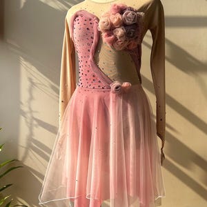 May include: A long-sleeved dance dress featuring a nude-colored mesh bodice with pink fabric panels, scattered rhinestones, and a cluster of fabric roses on the shoulder. The skirt is made of layered pink tulle with an asymmetrical hemline.