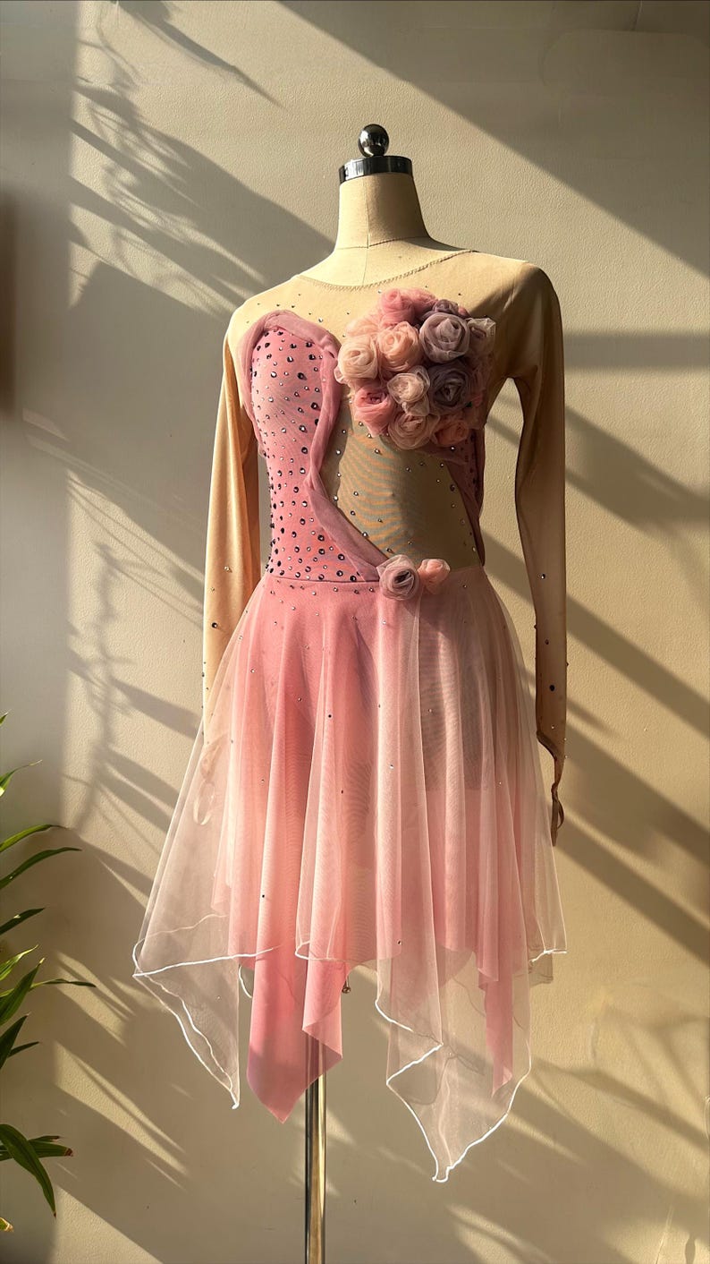 May include: A long-sleeved dance dress featuring a nude-colored mesh bodice with pink fabric panels, scattered rhinestones, and a cluster of fabric roses on the shoulder. The skirt is made of layered pink tulle with an asymmetrical hemline.