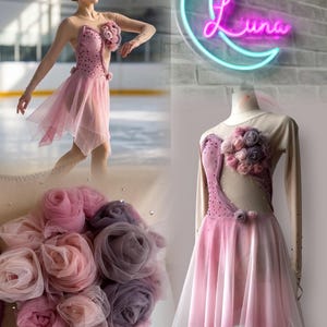 May include: A long-sleeved ice skating dress in shades of dusty pink and mauve, featuring a sheer mesh bodice with scattered crystals, a layered asymmetrical tulle skirt, and a cluster of fabric roses on the shoulder and waist.