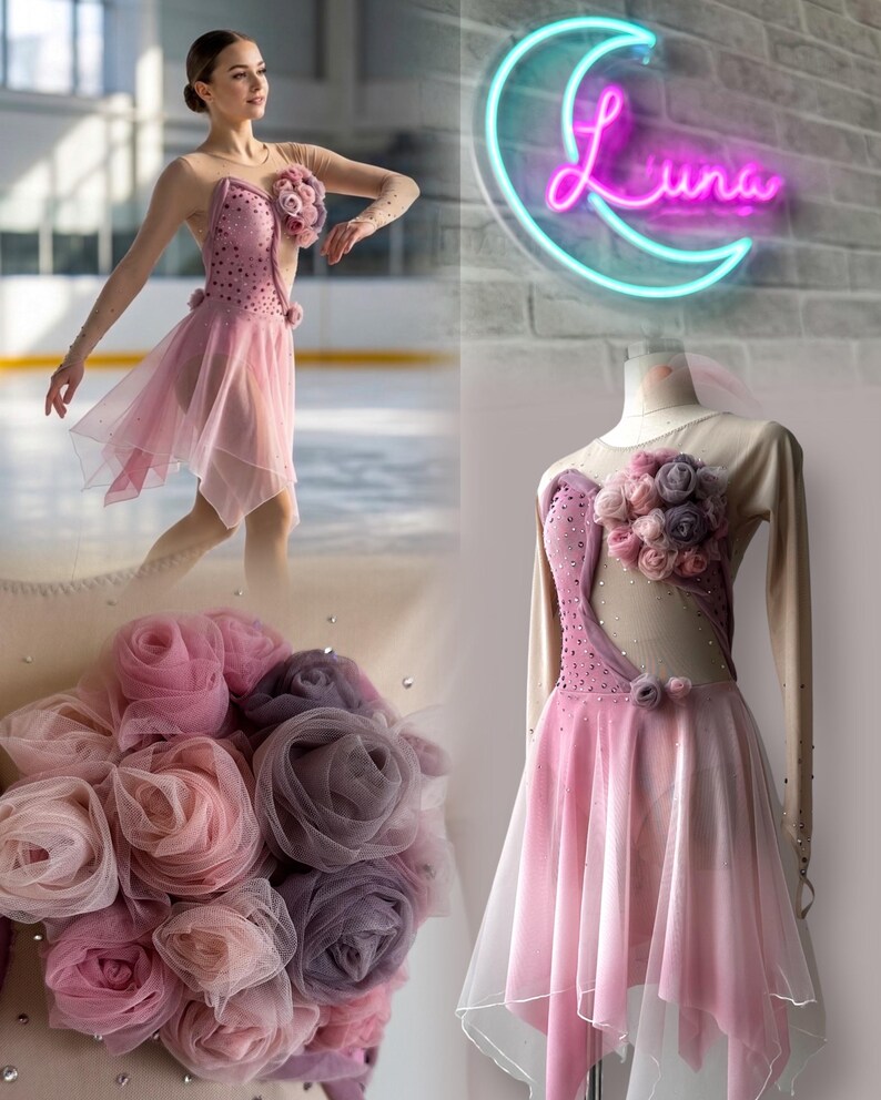May include: A long-sleeved ice skating dress in shades of dusty pink and mauve, featuring a sheer mesh bodice with scattered crystals, a layered asymmetrical tulle skirt, and a cluster of fabric roses on the shoulder and waist.