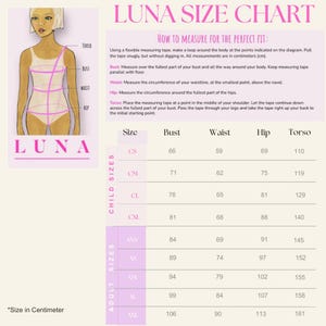 May include: A Luna size chart featuring an illustration of a body with measurement lines for torso, bust, waist, and hip. The chart includes instructions and a table listing child and adult sizes with corresponding measurements in centimeters.