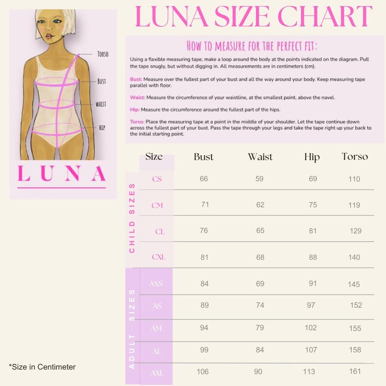 May include: A Luna size chart featuring an illustration of a body with measurement lines for torso, bust, waist, and hip. The chart includes instructions and a table listing child and adult sizes with corresponding measurements in centimeters.
