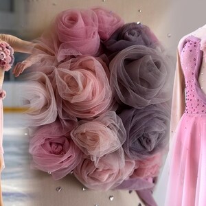 May include: A pink figure skating dress featuring a sheer mesh bodice with scattered crystals, a layered tulle skirt, and a cluster of fabric roses in shades of dusty pink and mauve attached to the shoulder and waist area of the garment.