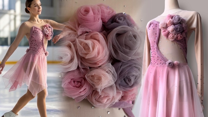 May include: A pink figure skating dress featuring a sheer mesh bodice with scattered crystals, a layered tulle skirt, and a cluster of fabric roses in shades of dusty pink and mauve attached to the shoulder and waist area of the garment.