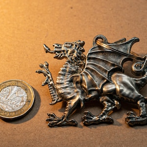 May include: A silver-colored dragon keychain with detailed wings and a ring for keys. The dragon is next to a one-pound coin. The dragon is approximately 2 inches tall.