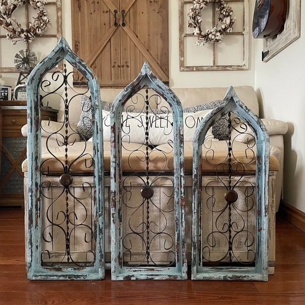 Rustic French Country Coastal Cottage Farmhouse Distressed Cathedral Arch Wood And Metal Window Wall Decor