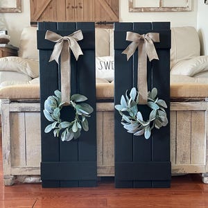 Black Wood Shutter Wall Decor Including A Lambs Ear Wreath With Your Choice Of Ribbon And Bow.