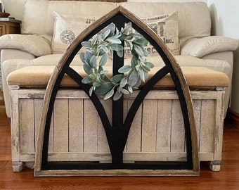 Large Rustic French Country Modern Farmhouse Cathedral Arch Wood Mantle Wall Decor Including Lambs Ear Wreath