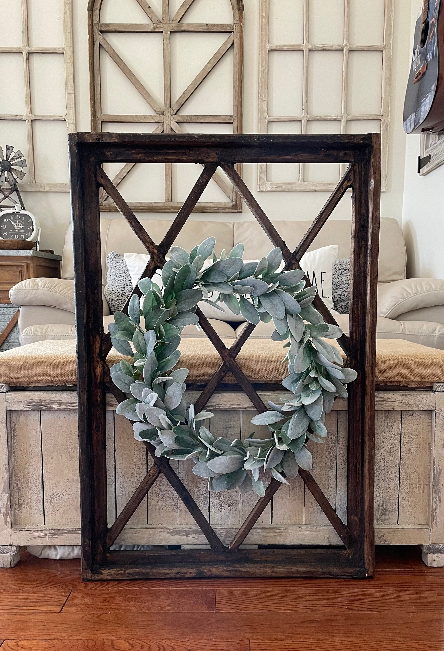 Large Rustic Farmhouse Distressed Wooden Diamond Windowpane Wall Decor