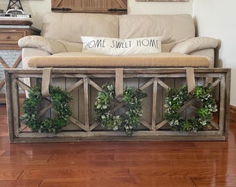 Large Rustic Farmhouse Distressed Wooden Windowpane Wall Decor Including Succulent Wreaths And Your Choice Of Ribbon