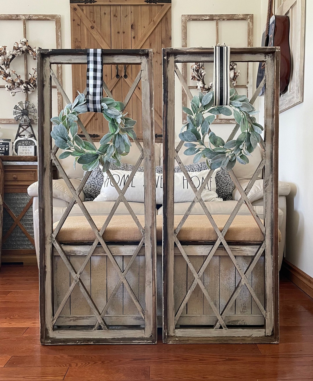 Large Rustic Farmhouse Distressed Wooden Diamond Windowpane Wall Decor