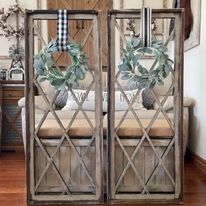 Large Rustic Farmhouse Distressed Wooden Diamond Windowpane Wall Decor Including Lambs Ear Wreath And Your Choice Of Ribbon.