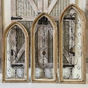 Rustic Farmhouse Cathedral Arch Wood And Metal Wall Decor