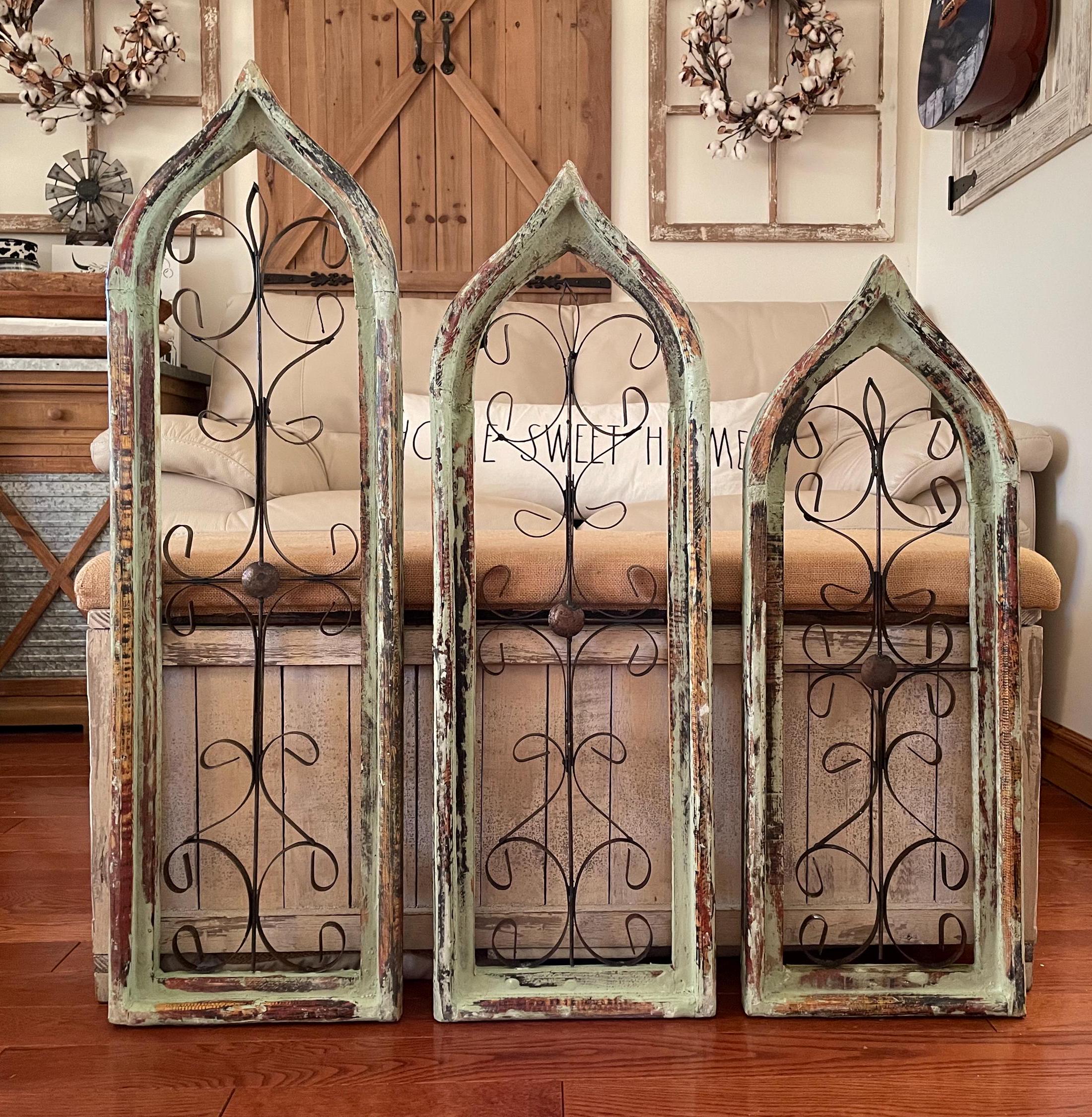 Rustic French Country Coastal Cottage Farmhouse Distressed Cathedral Arch Wood And Metal Window Wall Decor