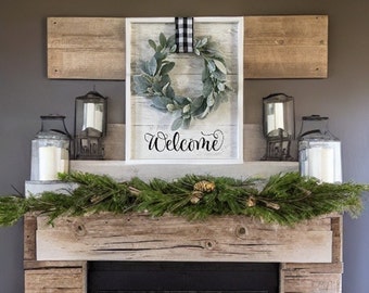 Farmhouse French Country Shiplap Style Mantle Decor With Buffalo Check Ribbon Wood Welcome Wall Decor Sign Including Lambs Ear Wreath