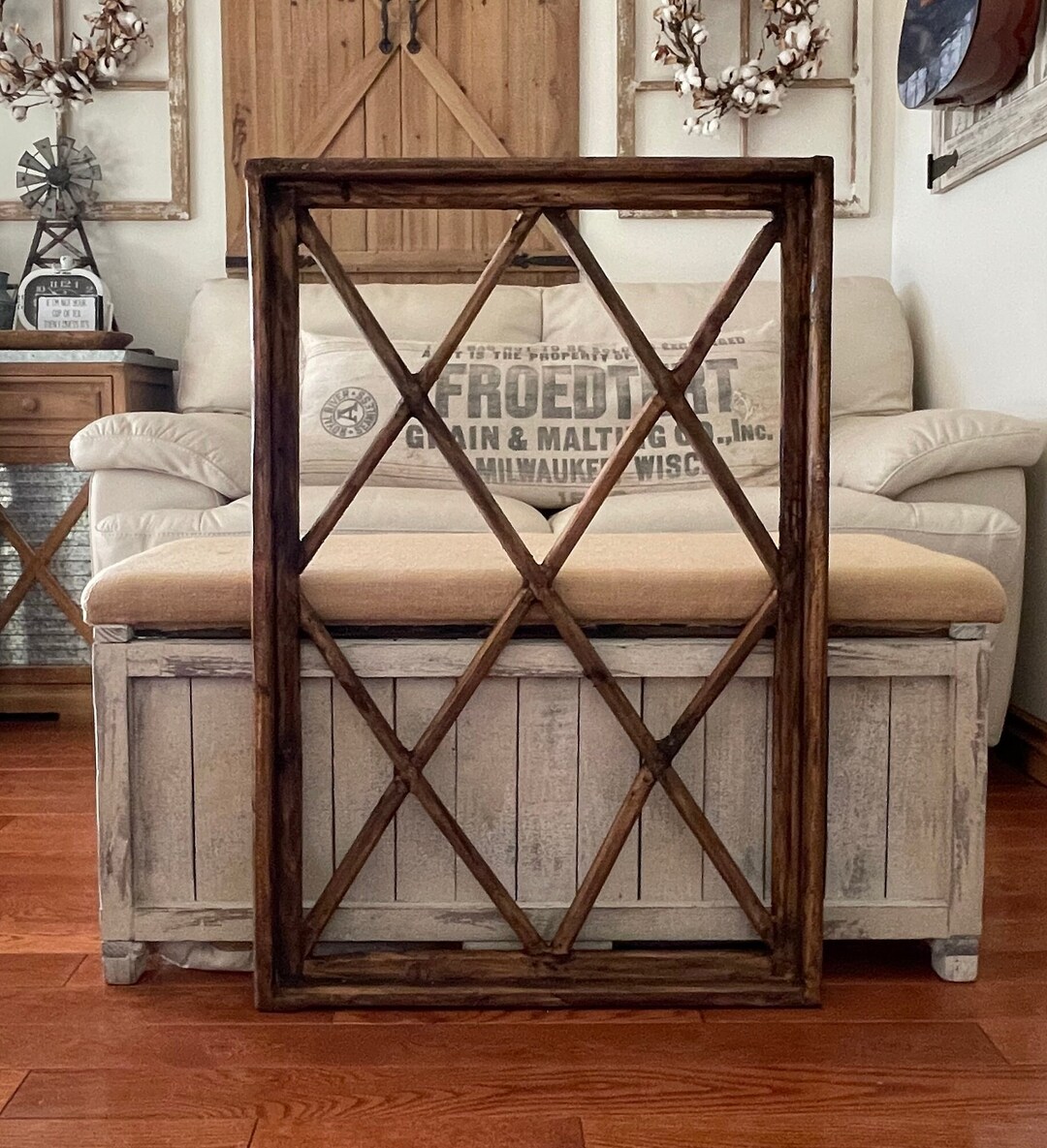 Large Rustic Farmhouse Distressed Wooden Diamond Windowpane Wall Decor