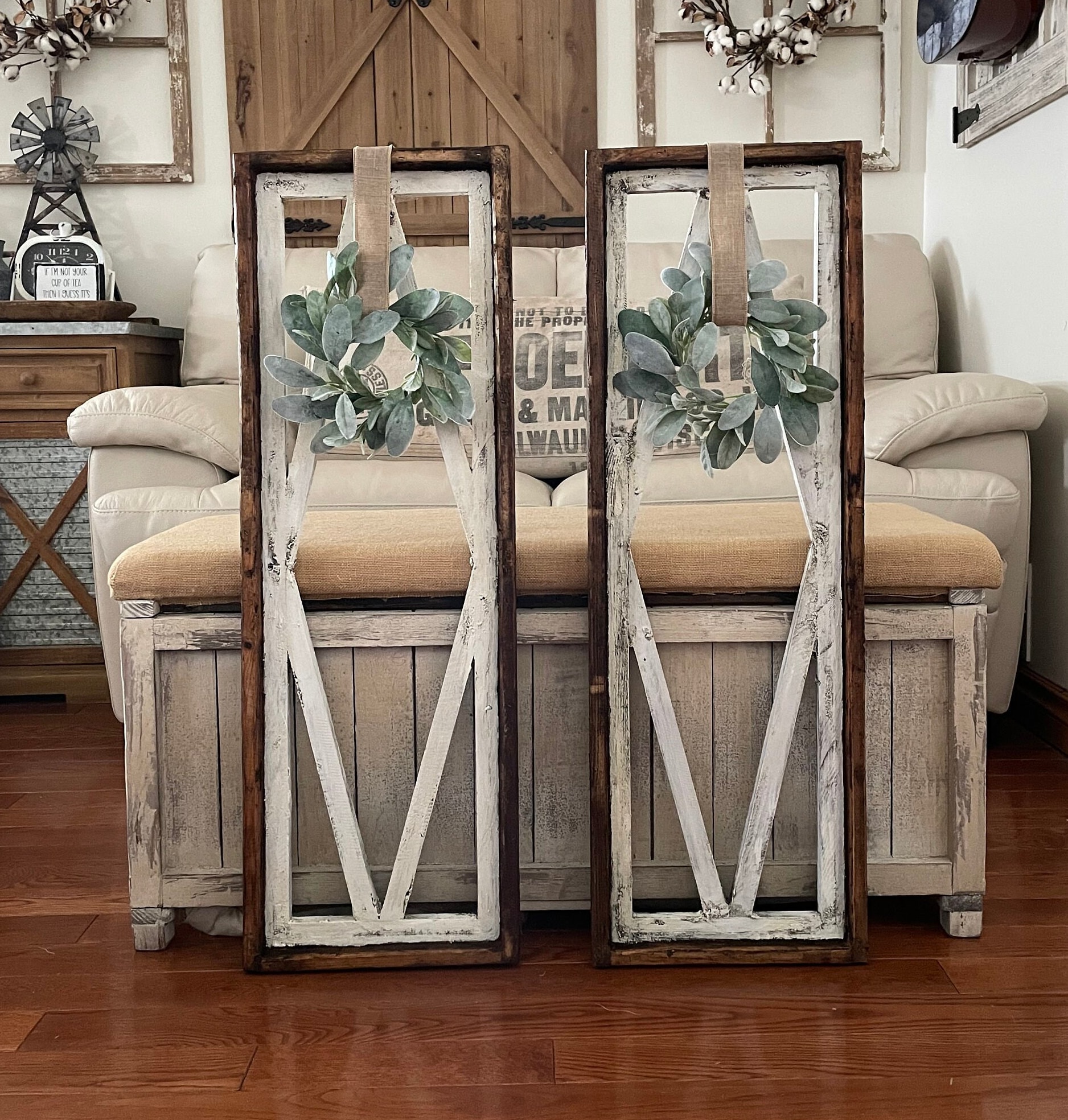 Large Distressed Rustic Farmhouse Wooden Windowpane Wall Decor Including Lambs Ear Wreaths And Ribbon