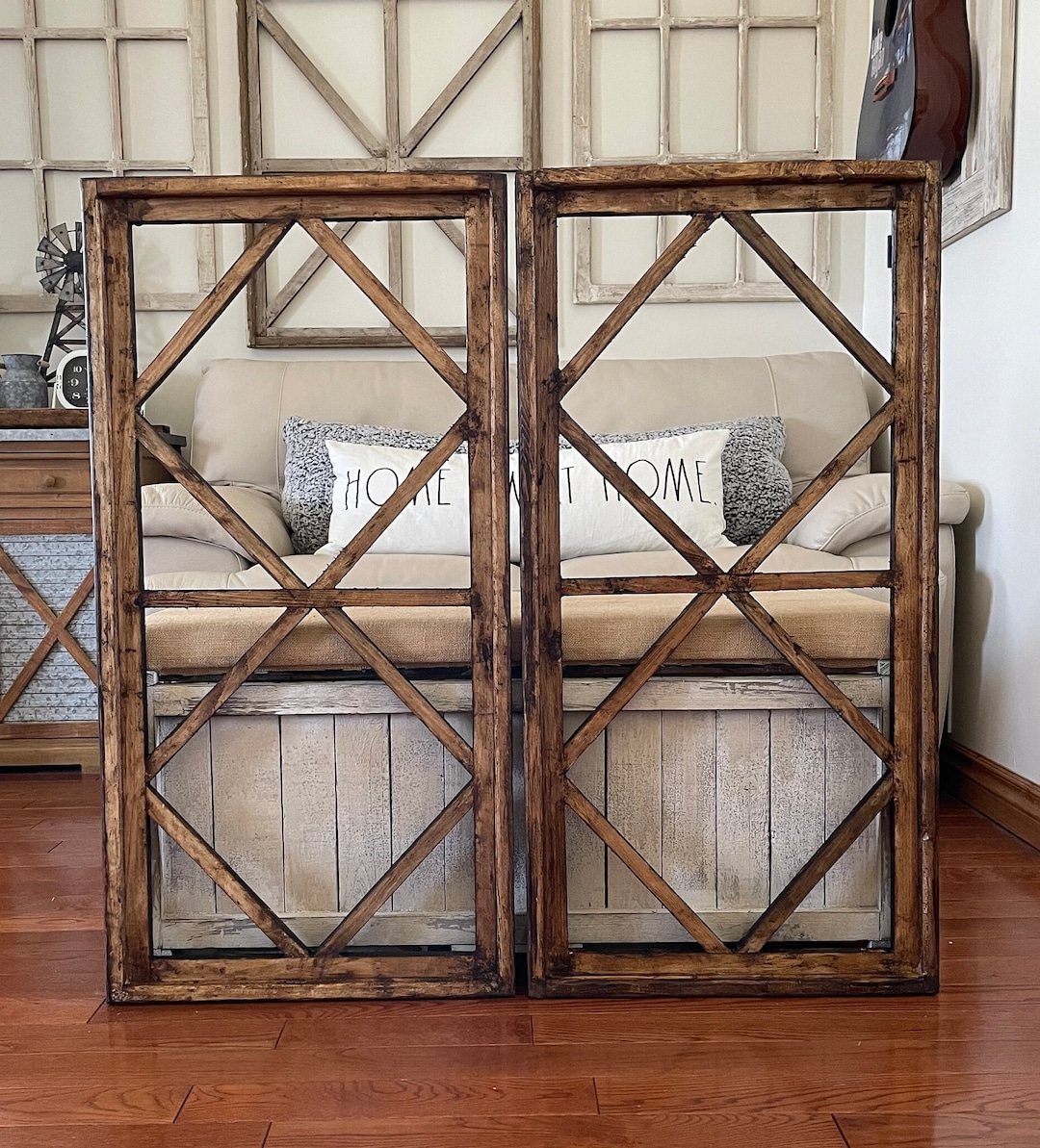 Large Rustic Farmhouse Distressed Wooden Diamond Windowpane Wall Decor