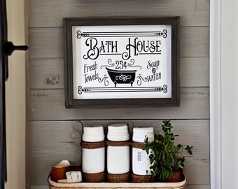 Bathroom Bath House Rustic Farmhouse Vintage Style Wall Decor Sign