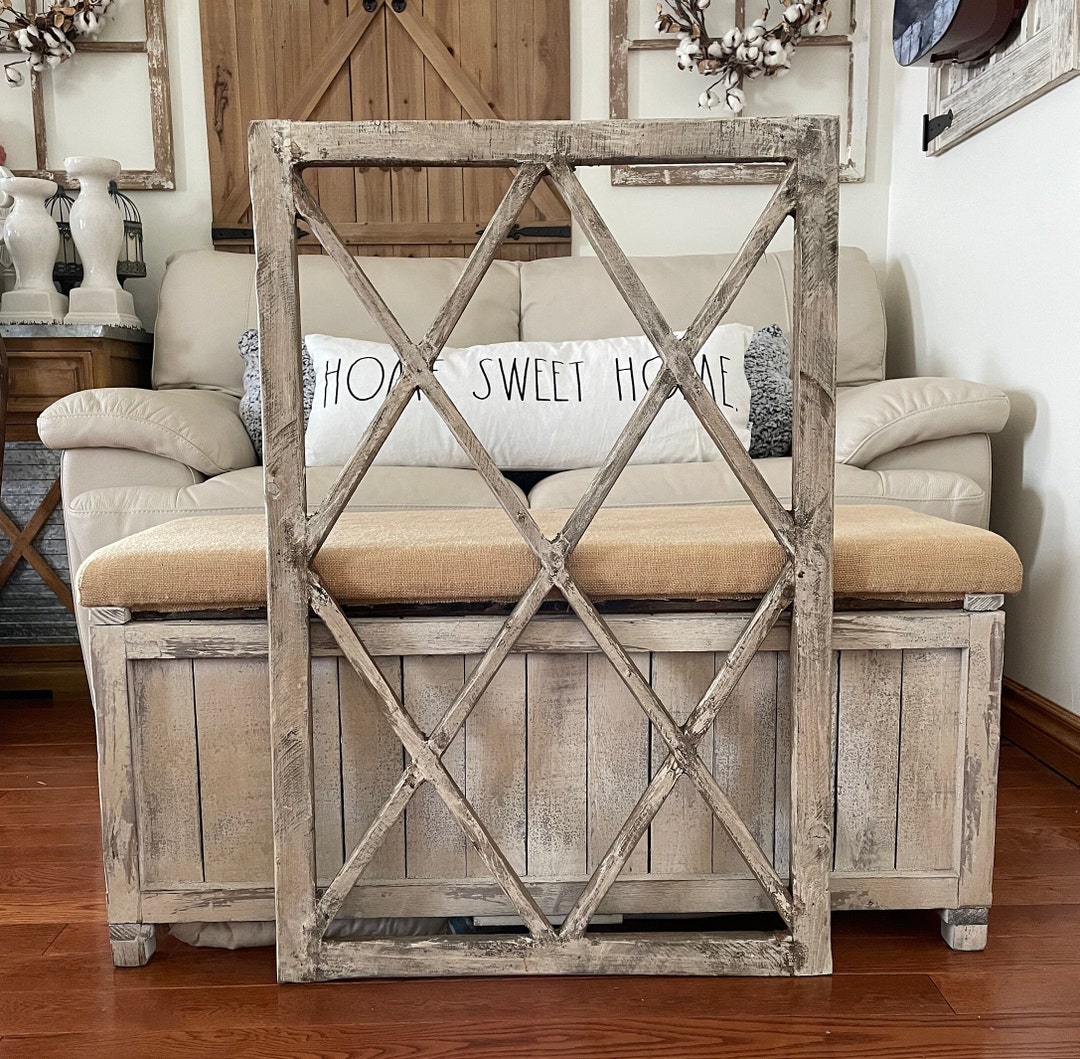 Large Rustic Farmhouse Distressed Wooden Diamond Windowpane Wall Decor