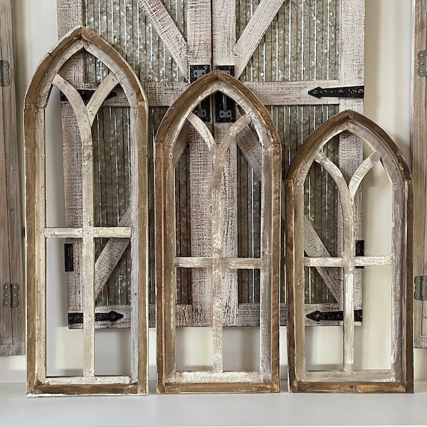 Rustic Farmhouse Distressed Cathedral Arch Wood Window Wall Decor