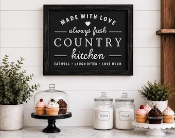 Country Kitchen Sign | Farmhouse Kitchen Decor | Made With Love Sign | Rustic Framed Kitchen Wall Art | Black Frame Sign