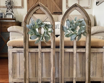 French Country Rustic Farmhouse Wood Cathedral Arch Wall Decor Including Lambs Ear Wreath.