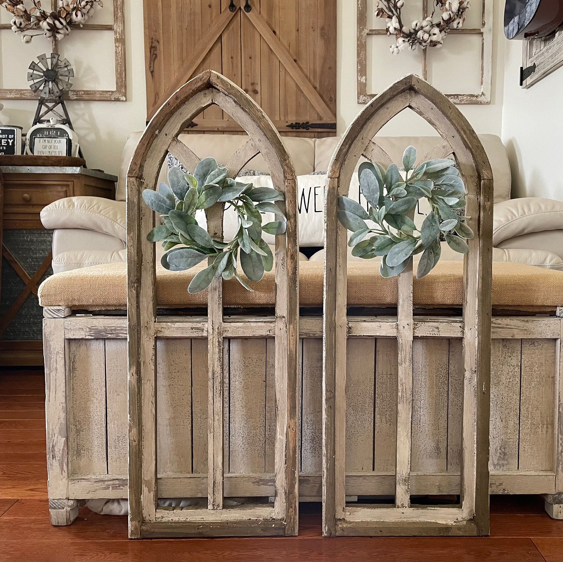 French Country Rustic Farmhouse Wood Cathedral Arch Wall Decor Including Lambs Ear Wreath.