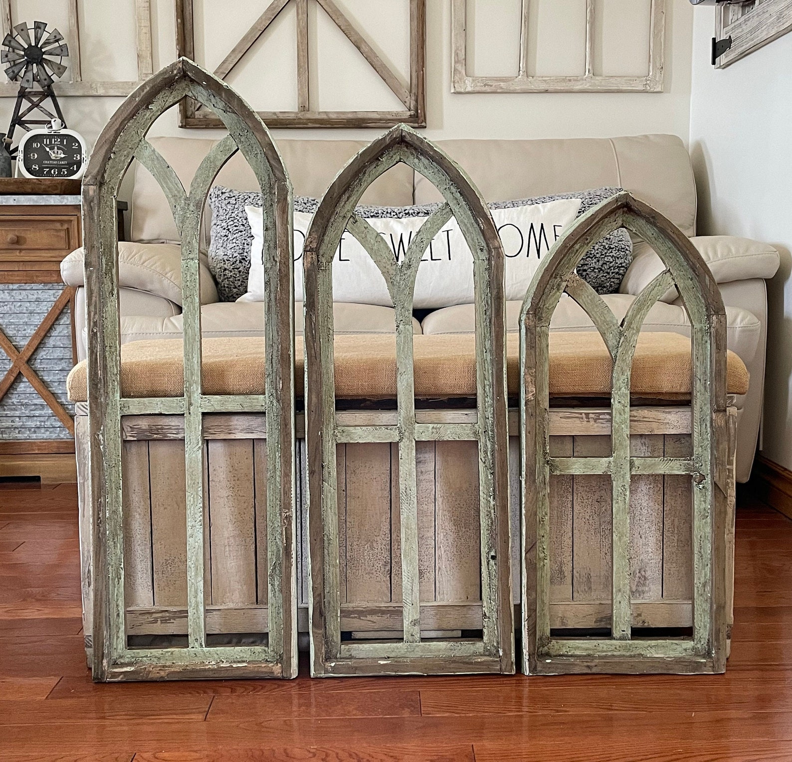 Coastal Rustic Farmhouse Light Green Distressed Cathedral Arch Wood