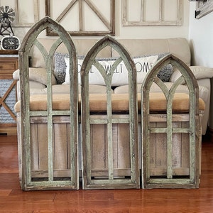 Coastal Rustic Farmhouse Light Green Distressed Cathedral Arch Wood Window Wall Decor