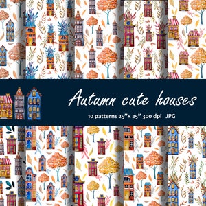Häuser Digitales Papier. Fabelhafte kleine Häuser im Herbst nahtloses Muster, Tapete, Stoff, Hintergrund, Karten und Einladungen.