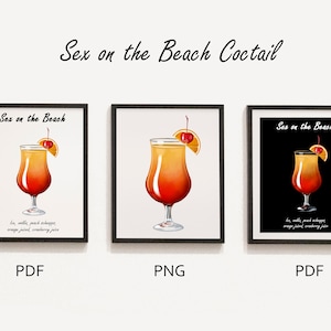 Sex on the Beach Digital Cocktail watercolor drink, summer print decor. Clipart with an alcoholic cocktail for the kitchen and bar.