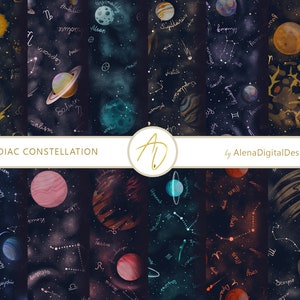 Zodiac Constellation Digitale papieren tas, inpakpapier voor cadeaus. Sterrenbeelden op kleur, galaxy patroon textuur. Plannerstickers, voorblad.