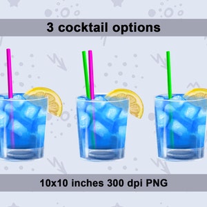Tre opzioni di cocktail tra cui scegliere. Bevanda blu con paglia al neon e limone 10x10 pollici 300dpi PNG
