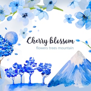 Aquarell blau Sakura Blumen und Bäume digitale Clipart, Wolke, Frühlingsäste, sanft blau. Hochzeitseinladung, Scrapbooking Kit.