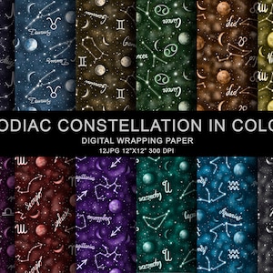 Zodiac Constellation Sac en papier numérique, emballage de cadeaux en papier. Signes du zodiaque par couleur, texture du motif de galaxie. Autocollants de planificateur, page de couverture.
