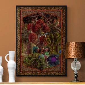 Afrikanischer Afro-Futurismus afrocentric Kunstdruck, eklektische exzentrische schwarze Mädchen Wandkunst, Kakteenpalme tropische Blumenkunst, Afro Boho Plakat