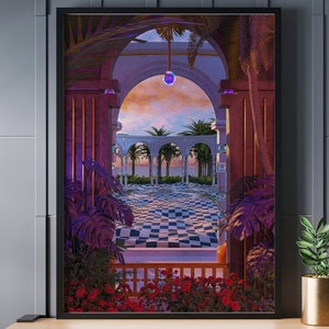 ヴェイパーウェイヴの美的かつ鮮やかな壁アート、肖像画のシュールな風景ポスター、モダンでユニークなアートプリント、ヤシの木のカラフルな環境写真
