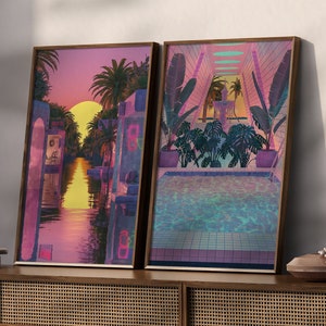 Aesthetic vaporwave art print set of 2, modern interior wall art, high definition wall decor, eclectic palm trees poster