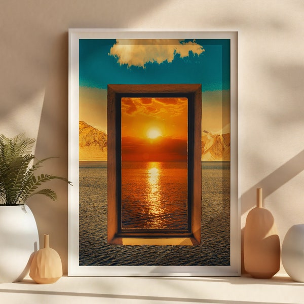 Schilderachtig uitzicht portal art print, trippy zwevend raam raar kunstwerk, eclectisch surrealisme psychedelische zonsondergang kunst aan de muur, ingelijste poster