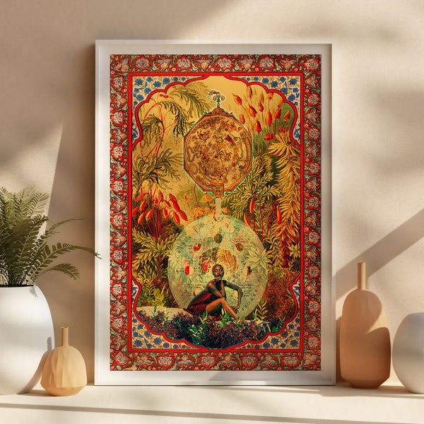 Fantasy zodiac queen art print, astrology african poster, surreal collage vibrant, ethnic giclée wall hanging, original art nouveau decor