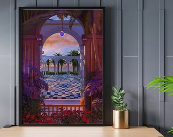 Vaporwave aesthetic vibrant wall art, portrait surreal scenic poster, modern unique art print, palm tree colourful environment picture