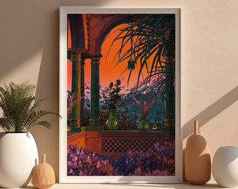 Eclectic islamic architecture wall art, large surreal vibrant art print, unframed landscape marrakech giclée print, maximalist portrait art