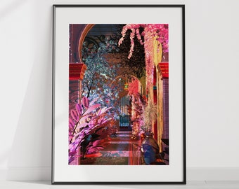 Still life palace scenery wall art, fantasy vibrant poster, nature plants art print, architecture landscape environment artwork