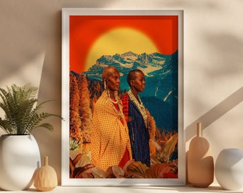African afro-centric portrait wall art, tribe maasai mara kenya art print, nature mountain sun poster, vibrant colorful unframed artwork