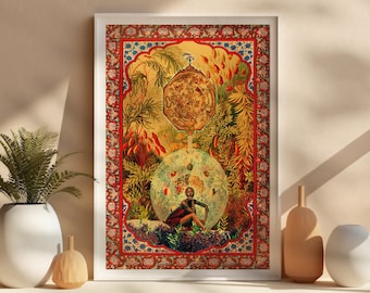 Fantasy zodiac queen art print, astrology african poster, surreal collage vibrant, ethnic giclée wall hanging, original art nouveau decor